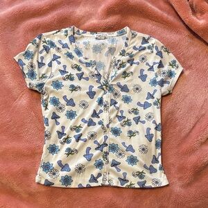 Rue21 Cream and Blue Floral Short Sleeve Tee